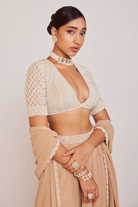 Shop Vvani By Vani Vats Beige Georgette, Silk Pearls, Beads Embellished Blouse With Lehenga Pant Set Online at Aza Fashions Shop_Vvani By Vani Vats_Beige Georgette, Silk Pearls, Beads Embellished Blouse With Lehenga Pant Set _Online_at_Aza_Fashions