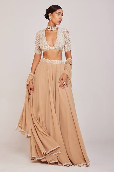 Vvani By Vani Vats Beige Georgette, Silk Pearls, Beads Embellished Blouse With Lehenga Pant Set at Aza Fashions Vvani By Vani Vats_Beige Georgette, Silk Pearls, Beads Embellished Blouse With Lehenga Pant Set _at_Aza_Fashions