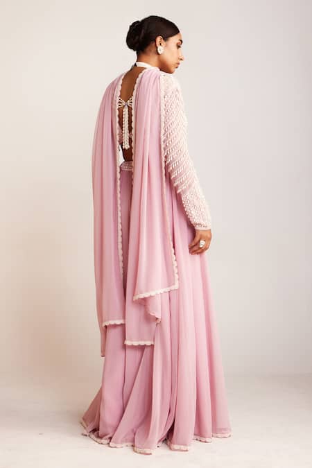Shop_Vvani By Vani Vats_Pink Georgette Pearls Plunge Neck Embellished Lehenga Pant Set _at_Aza_Fashions