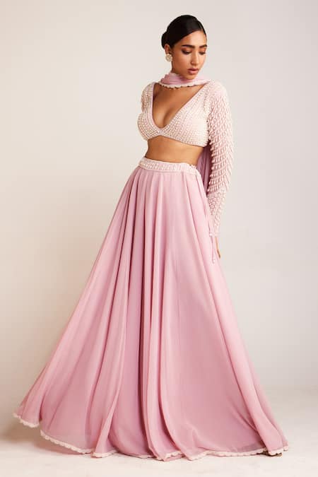 Vvani By Vani Vats_Pink Georgette Pearls Plunge Neck Embellished Lehenga Pant Set _Online_at_Aza_Fashions