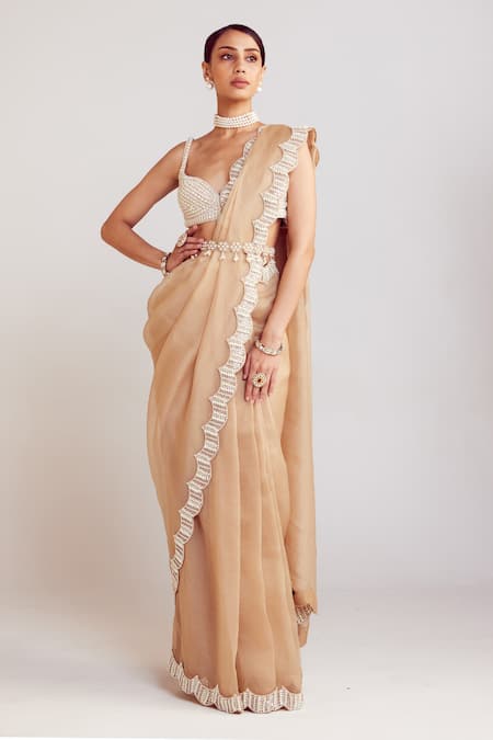 Vvani By Vani Vats Beige Organza, Georgette Pearls Sweetheart Neck Saree With Embellished Blouse Online at Aza Fashions Vvani By Vani Vats_Beige Organza, Georgette Pearls Sweetheart Neck Saree With Embellished Blouse _Online_at_Aza_Fashions