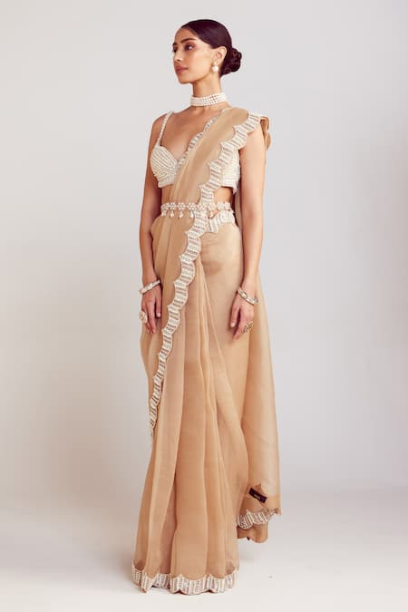Buy Vvani By Vani Vats Beige Organza, Georgette Pearls Sweetheart Neck Saree With Embellished Blouse Online at Aza Fashions Buy_Vvani By Vani Vats_Beige Organza, Georgette Pearls Sweetheart Neck Saree With Embellished Blouse _Online_at_Aza_Fashions