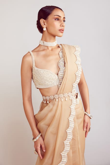Shop Vvani By Vani Vats Beige Organza, Georgette Pearls Sweetheart Neck Saree With Embellished Blouse Online at Aza Fashions Shop_Vvani By Vani Vats_Beige Organza, Georgette Pearls Sweetheart Neck Saree With Embellished Blouse _Online_at_Aza_Fashions