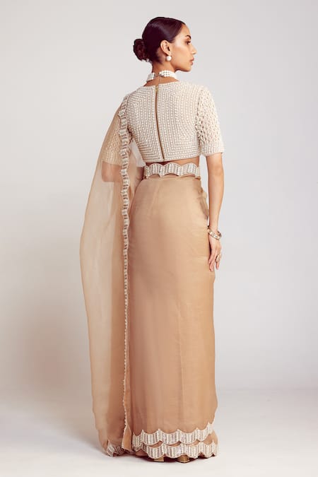 Shop Vvani By Vani Vats Beige Georgette, Organza Pearls V-neck Saree With Drop Embellished Blouse at Aza Fashions Shop_Vvani By Vani Vats_Beige Georgette, Organza Pearls V-neck Saree With Drop Embellished Blouse _at_Aza_Fashions