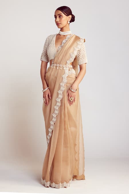 Vvani By Vani Vats Beige Georgette, Organza Pearls V-neck Saree With Drop Embellished Blouse Online at Aza Fashions Vvani By Vani Vats_Beige Georgette, Organza Pearls V-neck Saree With Drop Embellished Blouse _Online_at_Aza_Fashions