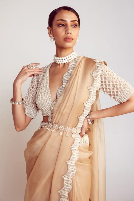 Buy Vvani By Vani Vats Beige Georgette, Organza Pearls V-neck Saree With Drop Embellished Blouse Online at Aza Fashions Buy_Vvani By Vani Vats_Beige Georgette, Organza Pearls V-neck Saree With Drop Embellished Blouse _Online_at_Aza_Fashions