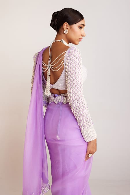 Shop Vvani By Vani Vats Purple Organza, Georgette Pearls Sweetheart Saree With Drop Full Sleeve Blouse at Aza Fashions Shop_Vvani By Vani Vats_Purple Organza, Georgette Pearls Sweetheart Saree With Drop Full Sleeve Blouse _at_Aza_Fashions