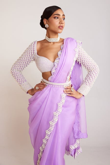 Vvani By Vani Vats Purple Organza, Georgette Pearls Sweetheart Saree With Drop Full Sleeve Blouse Online at Aza Fashions Vvani By Vani Vats_Purple Organza, Georgette Pearls Sweetheart Saree With Drop Full Sleeve Blouse _Online_at_Aza_Fashions