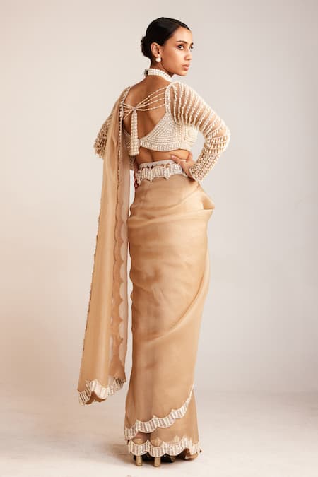 Shop_Vvani By Vani Vats_Beige Organza, Georgette Pearls Sweetheart Neck Saree With Drop Sleeve Blouse _at_Aza_Fashions
