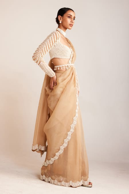 Vvani By Vani Vats_Beige Organza, Georgette Pearls Sweetheart Neck Saree With Drop Sleeve Blouse _Online_at_Aza_Fashions