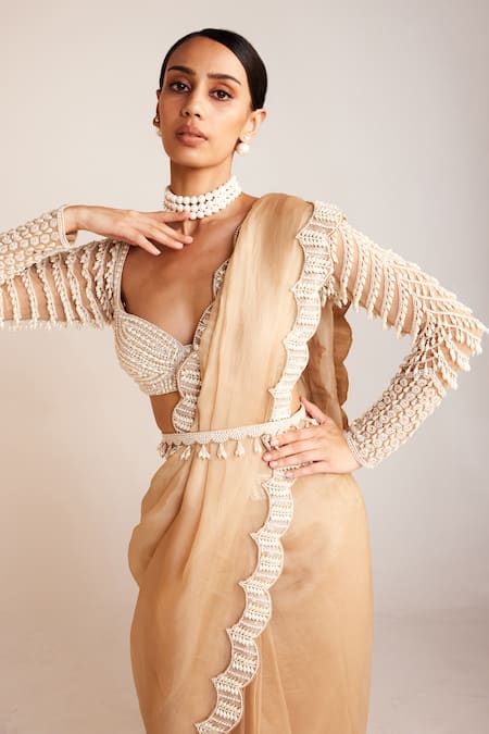 Buy_Vvani By Vani Vats_Beige Organza, Georgette Pearls Sweetheart Neck Saree With Drop Sleeve Blouse _Online_at_Aza_Fashions