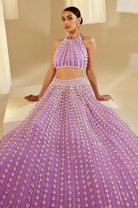 Vvani by Vani Vats Purple Georgette Embellished Pearls Chandelier Embroidered Skirt And Top Set 