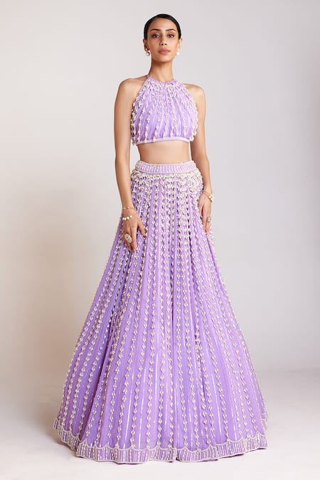 Vvani By Vani Vats Purple Georgette, Silk Pearls Halter Chandelier Embroidered Skirt And Top Set at Aza Fashions Vvani By Vani Vats_Purple Georgette, Silk Pearls Halter Chandelier Embroidered Skirt And Top Set _at_Aza_Fashions