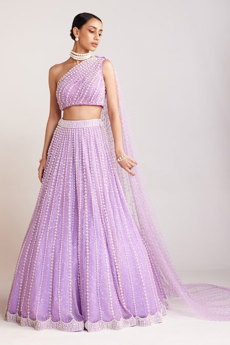 Shop Vvani By Vani Vats Purple Silk, Net Pearls One Shoulder Work Lehenga And Blouse Set Shop_Vvani By Vani Vats_Purple Silk, Net Pearls One Shoulder Work Lehenga And Blouse Set