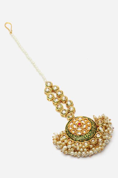 Shop_Dugran By Dugristyle_Multi Color Kundan And Pearl Embellished Maangtikka _Online_at_Aza_Fashions