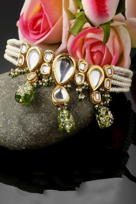 Dugran By Dugristyle_Multi Color Kundan And Faux Emerald Embellished Choker Necklace _Online_at_Aza_Fashions