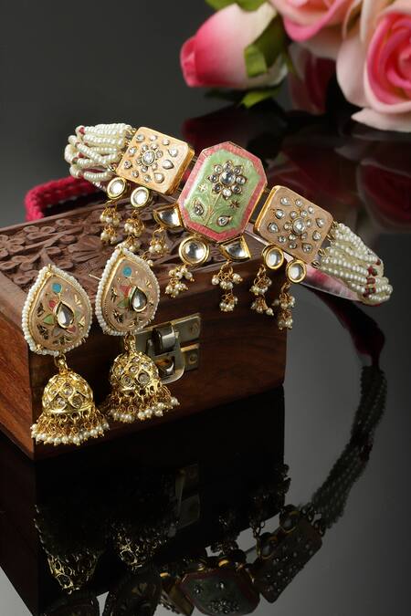 Dugran By Dugristyle_Multi Color Pearls, Diamonds, Floral Kundan Embellished Choker Necklace Set _Online_at_Aza_Fashions