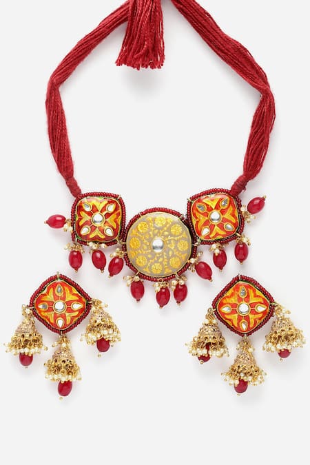 Buy_Dugran By Dugristyle_Multi Color Pearls Kundan And Embellished Necklace Set _Online_at_Aza_Fashions