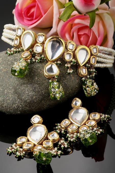 Dugran By Dugristyle_Multi Color Pearls, Fabric Flowers Geometric Embellished Necklace Set _Online_at_Aza_Fashions