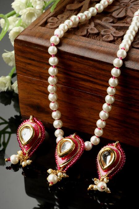 Dugran By Dugristyle_Multi Color Pearls, Stones Tear Drop Kundan Embellished Necklace Set _Online_at_Aza_Fashions