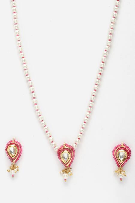 Buy_Dugran By Dugristyle_Multi Color Pearls, Stones Tear Drop Kundan Embellished Necklace Set _Online_at_Aza_Fashions