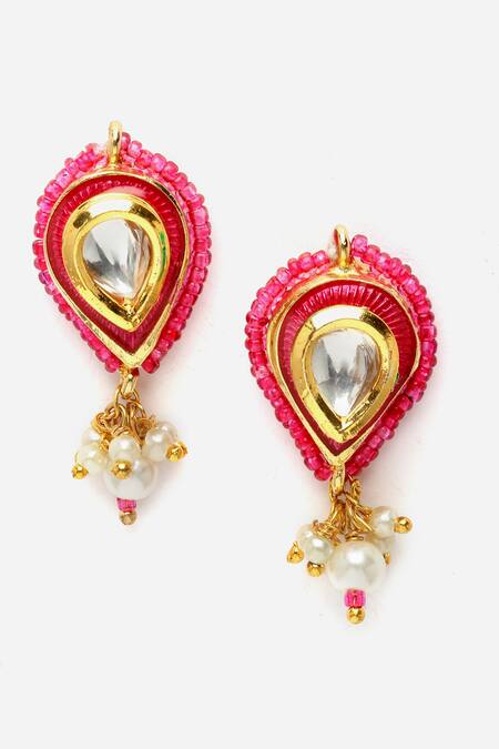 Shop_Dugran By Dugristyle_Multi Color Pearls, Stones Tear Drop Kundan Embellished Necklace Set _Online_at_Aza_Fashions