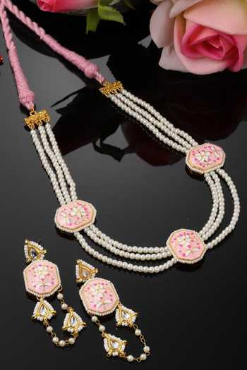Dugran By Dugristyle_Multi Color Pearls, Zari Carved Floral Kundan Embellished Necklace Set _Online_at_Aza_Fashions