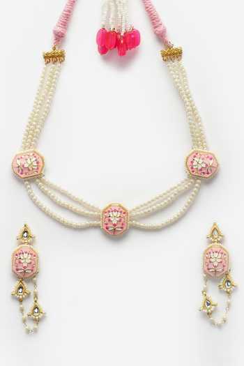 Buy_Dugran By Dugristyle_Multi Color Pearls, Zari Carved Floral Kundan Embellished Necklace Set _Online_at_Aza_Fashions