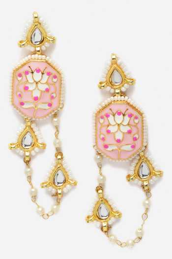 Shop_Dugran By Dugristyle_Multi Color Pearls, Zari Carved Floral Kundan Embellished Necklace Set _Online_at_Aza_Fashions