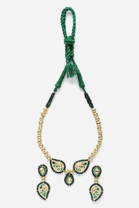 Dugran By Dugristyle_Multi Color Pearls, Fabric Carved Paisley Kundan Embellished Necklace Set _Online_at_Aza_Fashions