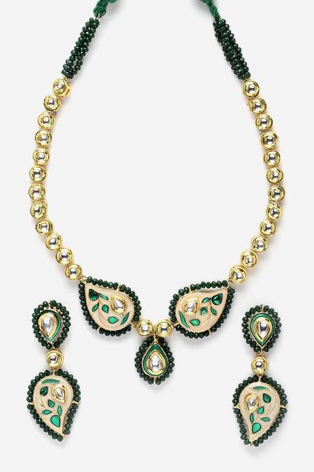 Buy_Dugran By Dugristyle_Multi Color Pearls, Fabric Carved Paisley Kundan Embellished Necklace Set _Online_at_Aza_Fashions