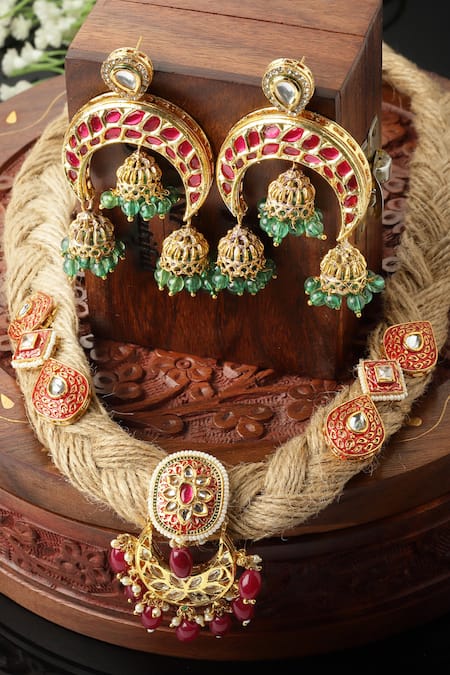 Dugran By Dugristyle_Multi Color Pearls, Gota Patti, Stones Carved Kundan And Embellished Necklace Set _Online_at_Aza_Fashions