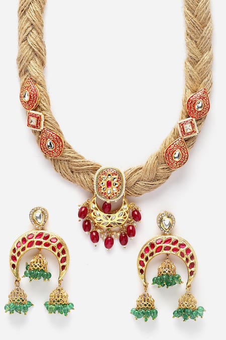 Buy_Dugran By Dugristyle_Multi Color Pearls, Gota Patti, Stones Carved Kundan And Embellished Necklace Set _Online_at_Aza_Fashions