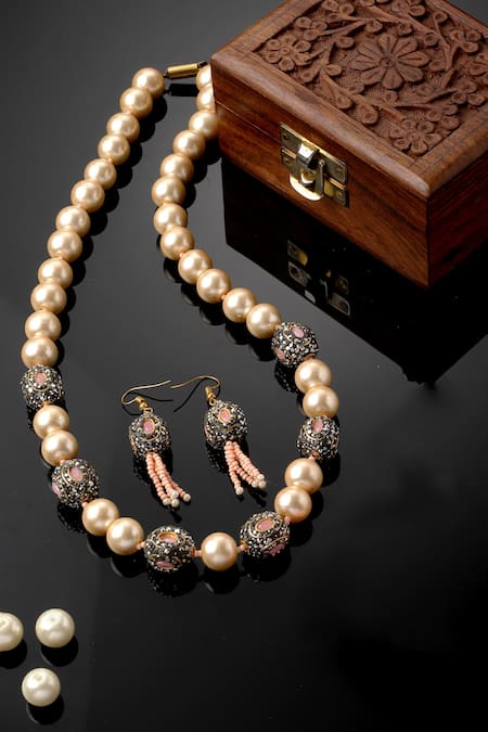 Shop Dugran By Dugristyle Multi Color Pearls, Stones Embellished Necklace Set at Aza Fashions Shop_Dugran By Dugristyle_Multi Color Pearls, Stones Embellished Necklace Set _at_Aza_Fashions