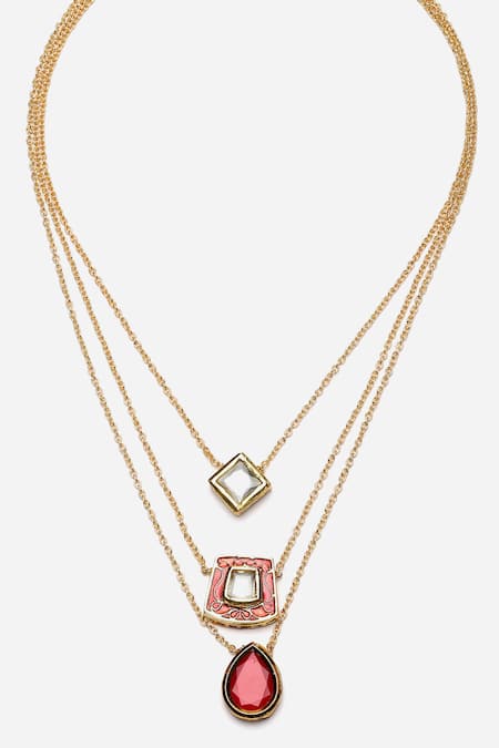 Buy_Dugran By Dugristyle_Multi Color Geometric Carved Kundan Embellished Necklace _Online_at_Aza_Fashions