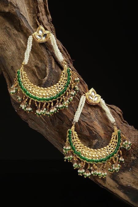 Shop Dugran By Dugristyle Multi Color Pearls, Gota Patti, Stones Kundan Embellished Chandbalis at Aza Fashions Shop_Dugran By Dugristyle_Multi Color Pearls, Gota Patti, Stones Kundan Embellished Chandbalis _at_Aza_Fashions