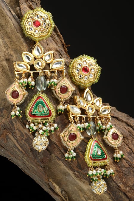 Shop Dugran By Dugristyle Multi Color Pearls, Lace, Stones Kundan Embellished Danglers at Aza Fashions Shop_Dugran By Dugristyle_Multi Color Pearls, Lace, Stones Kundan Embellished Danglers _at_Aza_Fashions