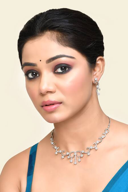Kohar By Kanika Silver Plated American Diamonds, Semi Precious Swirl Embellished Necklace Set