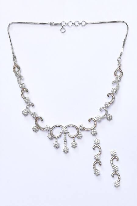 Shop Kohar By Kanika Silver Plated American Diamonds, Semi Precious Swirl Embellished Necklace Set at Aza Fashions Shop_Kohar By Kanika_Silver Plated American Diamonds, Semi Precious Swirl Embellished Necklace Set_at_Aza_Fashions