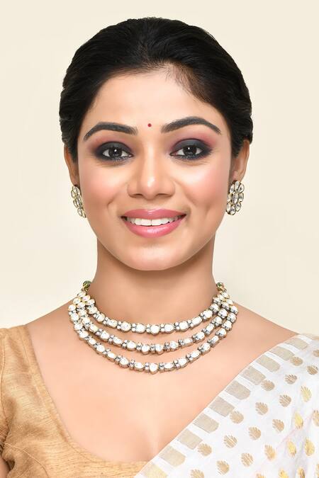 Kohar By Kanika_Silver Plated Polki, Semi Precious Stones Three Layered Necklace Set_Online_at_Aza_Fashions
