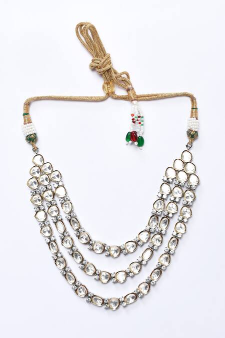 Buy_Kohar By Kanika_Silver Plated Polki, Semi Precious Stones Three Layered Necklace Set_Online_at_Aza_Fashions