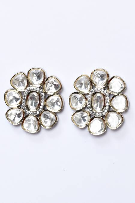 Shop_Kohar By Kanika_Silver Plated Polki, Semi Precious Stones Three Layered Necklace Set_Online_at_Aza_Fashions