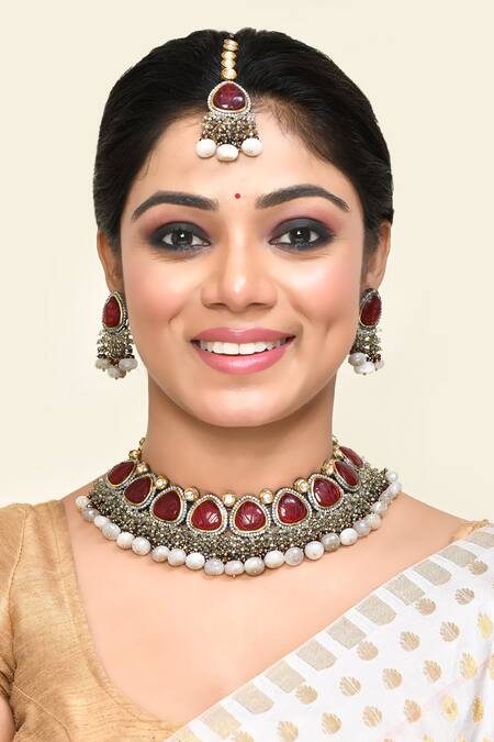 Kohar By Kanika_Red Semi Precious Stones Victorian Embellished Jewellery Set_Online_at_Aza_Fashions