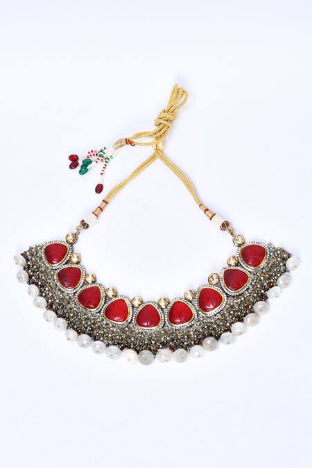 Buy_Kohar By Kanika_Red Semi Precious Stones Victorian Embellished Jewellery Set_Online_at_Aza_Fashions