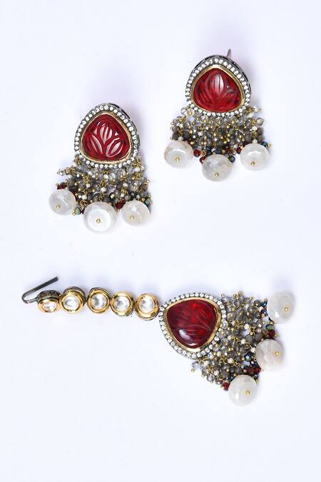 Shop_Kohar By Kanika_Red Semi Precious Stones Victorian Embellished Jewellery Set_Online_at_Aza_Fashions