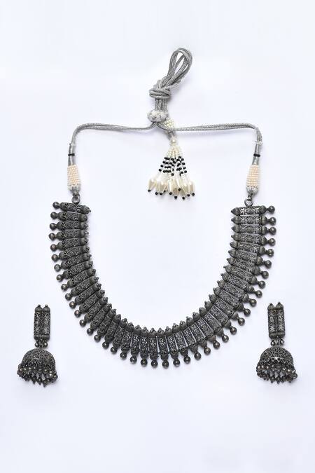 Shop_Kohar By Kanika_Silver Plated German Floral Carved Necklace Set_at_Aza_Fashions