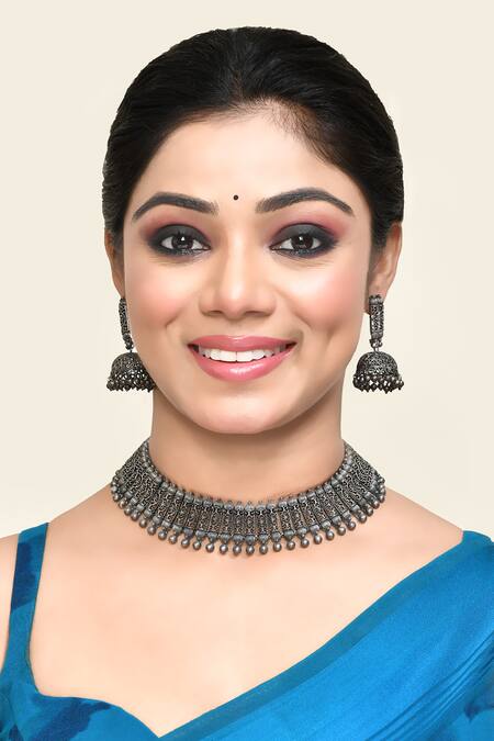 Kohar By Kanika_Silver Plated German Floral Carved Necklace Set_Online_at_Aza_Fashions