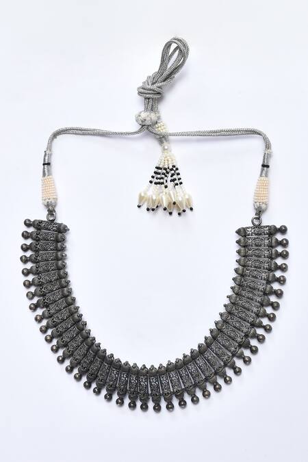 Buy_Kohar By Kanika_Silver Plated German Floral Carved Necklace Set_Online_at_Aza_Fashions