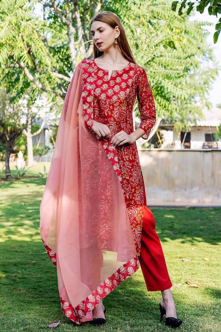 Missprint Red Kurta Chanderi Print Floral Notched Round Neck Saira Set 