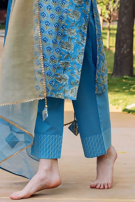 Shop_Missprint_Blue Chanderi, Cotton Embroidery V-neck Allora Print Straight Kurta Set _Online_at_Aza_Fashions
